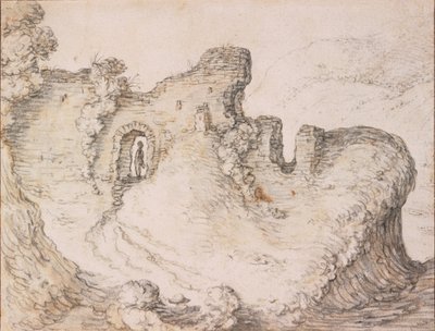 Rotsachtig landschap met ruïnes, vormend het profiel van een mans gezicht, ca. 1650 door Herman Saftleven