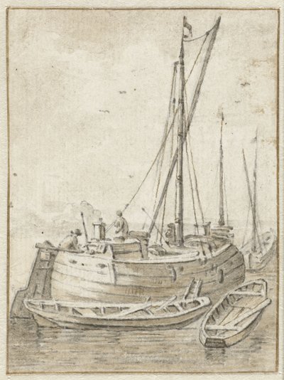 Schuit met twee roeibootjes door Herman Saftleven