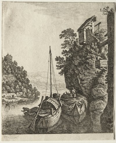 Twee boten aangemeerd onder een rots, 1667 door Herman Saftleven