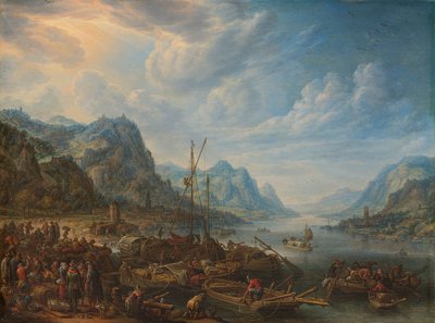 Uitzicht op een Rivier met Aanlegplaatsen voor Boten door Herman Saftleven