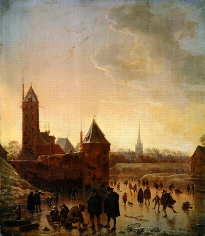 Schaatsen voor de stadsmuren van Utrecht door Herman the Younger Saftleven