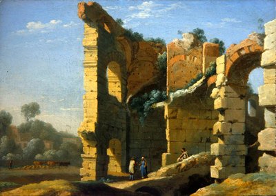 Een Italiaans landschap met pratende figuren door Herman van Swanevelt