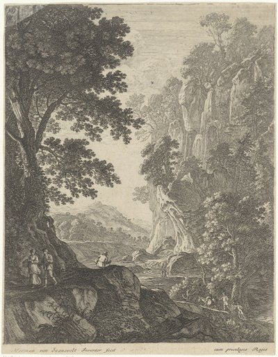 Berglandschap met waterval door Herman van Swanevelt