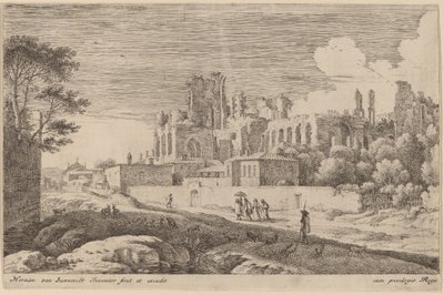 Landschap met Ruïnes en een Vrouw met een Parasol door Herman van Swanevelt