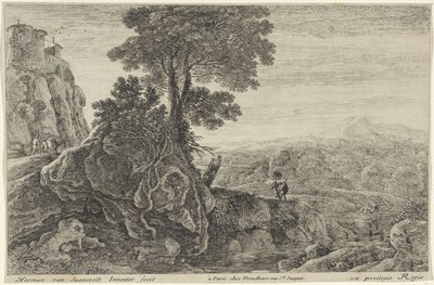Landschap met een gebouw op een rots door Herman van Swanevelt
