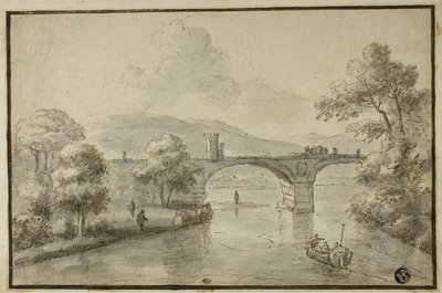 Rivier met Gebogen Brug en Boot door Herman van Swanevelt