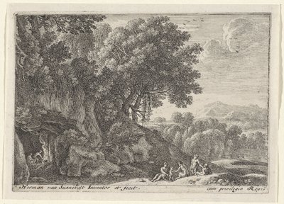 Saters rond het vuur in een grot Landschappen met saters (series title) door Herman van Swanevelt