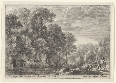 Twee saters met een kudde geiten Landschappen met saters (series title) door Herman van Swanevelt