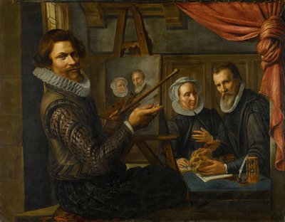 De schilder in zijn atelier schildert het portret van een echtpaar door Herman van Vollenhoven