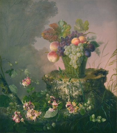 Bloemenmand met fruit bij een boomstronk door Hermania Neergaard
