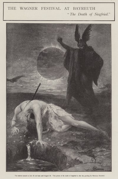 Het Wagner Festival in Bayreuth: de Dood van Siegfried (litho) door Hermann (after) Hendrich