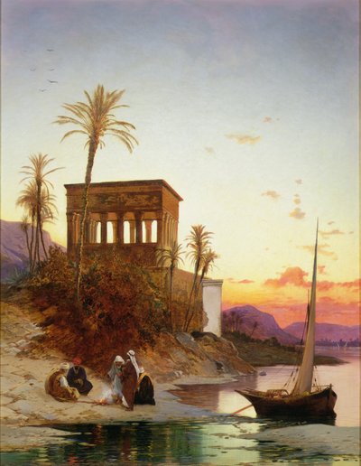 Kampvuur bij de rivier, de kiosk van Trajanus, ca. 1880 door Hermann David Salomon Corrodi