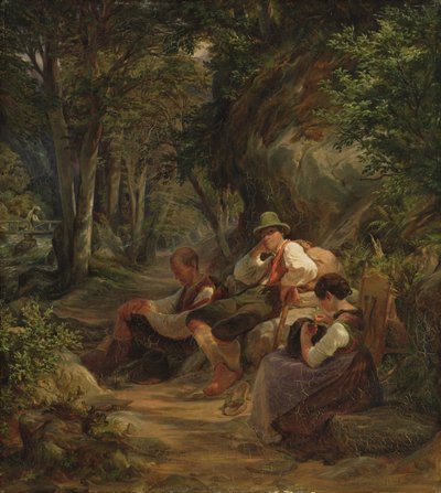 Drie Beierse boeren rusten op een Alpenpad, 1841 door Hermann Kauffmann