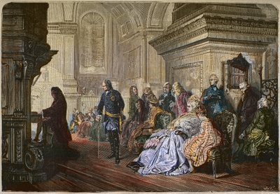 De Koning van Pruisen Frederik II de Grote (1712-1786) luistert naar de componist Johann Sebastian Bach die een hof speelt, gravure naar een schilderij van Kaulbach - Frederik II de Grote, Koning van Pruisen, luisterend naar Johann Sebastian Bach aan het o door Hermann Kaulbach