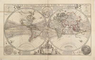 Een nieuwe en correcte kaart van de wereld, opgesteld volgens de nieuwste ontdekkingen en de meest exacte observaties, door Herman Moll, Geograaf door Hermann Moll