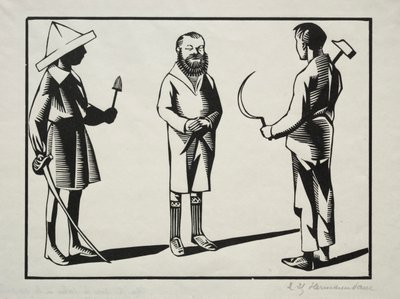 Moi! Ik houd het zwaard en de wijwaterkwast vast; jij de sikkel, de hamer en het pastel. Dat is de baard. door Hermann Paul