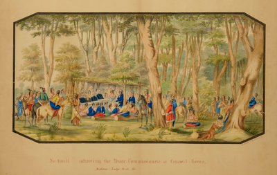 Sa-tan-ti spreekt de vredescommissarissen toe bij Council Grove, Medicine Lodge Creek door Hermann Stieffel