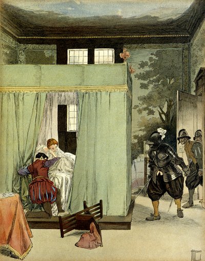 Een protestantse heer vindt onderdak in het bed van Marguerite de Valois, koningin van Frankrijk, bekend als koningin Margot (1553-1615) op de dag van Sint-Bartholomeüs (24 augustus 1572). Illustratie door Hermann Vogel (1856-1918) in 