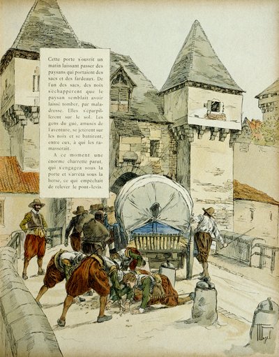 Verrassing van Amiens. De Spanjaarden gebruikten een truc om de stad Amiens in te nemen, 11 maart 1597 door de haring te blokkeren met een kar. Illustratie, 1907, door Hermann Vogel door Hermann Vogel
