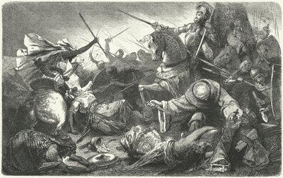 Christenen vechten tegen de Almohaden bij de Slag om Las Navas de Tolosa, Spanje, 1212 door Hermann Vogel
