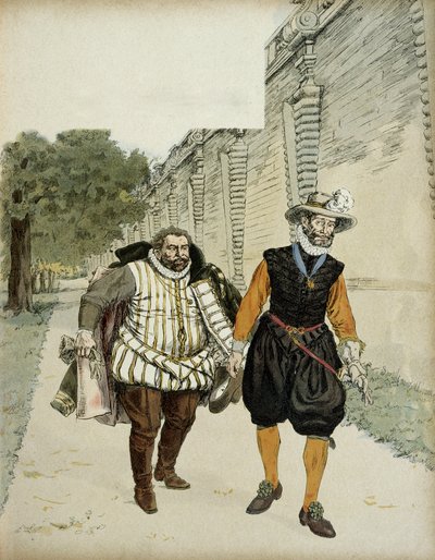 Hendrik IV (1553-1610) en Charles de Lorraine, hertog van Mayenne (1554-1611). Eerste verzoeningsgesprek tussen de twee vijanden, Mayenne, leider van de Ligueurs en de koning, in de tuinen van het kasteel van Montceaux, in de Brie, in 1596. Illustratie door Hermann Vogel
