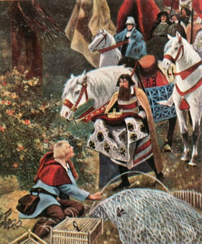 Hendrik de Vogelaar krijgt de kroon aangeboden tijdens het vangen van vogels, 1900, 1936 door Hermann Vogel