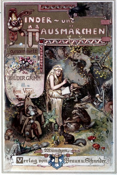 Kinder und Hausmärchen (Sprookjes van de kindertijd en het huis) 1812: de fabels van de gebroeders Grimm. Omslag van Hermann Vogel uit 1894 met Sneeuwwitje. door Hermann Vogel