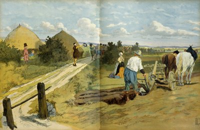Boeren zagen de passage van plunderaars en rovers gevangen door het koninklijke leger van Hendrik IV. Illustratie door Hermann Vogel