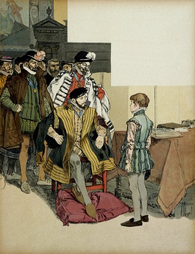 De koning van Frankrijk Hendrik II (1519-1559) omringd door zijn heren houdt ervan om Hendrik IV (1553-1610) als kind te ondervragen over zijn antwoorden. Illustratie door Hermann Vogel (1856-1918) in 