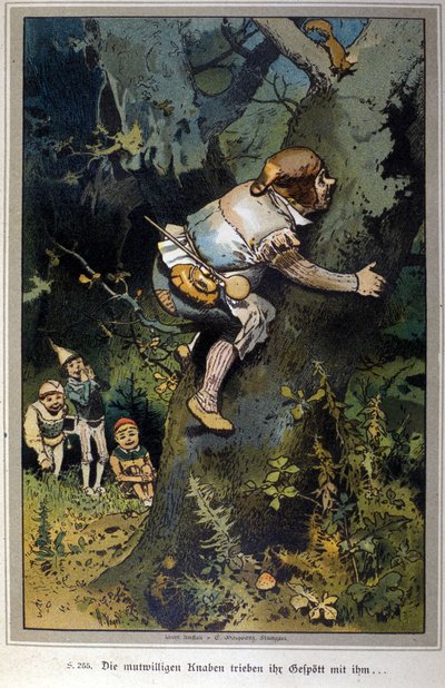 De gedurfde jongen was het mikpunt van spot. Verhaal van de gebroeders Jacob Grimm (1785-1863) en Wilhelm Grimm (1786-1859). Illustratie van Vogel. door Hermann Vogel