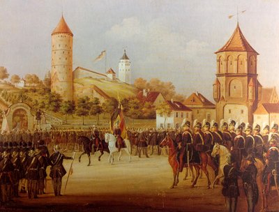 Hermann Volz Parade van de Biberachse militie bij de Riedlinger Tor in 1849 door Hermann Volz