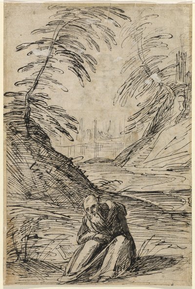 Woestijnlandschap met een Kluizenaar (verso) door Hermann Weyer