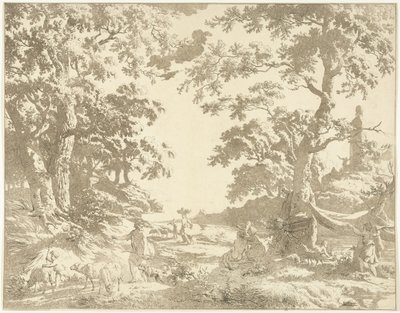 Arcadisch landschap met Janusbeeld door Hermanus Fock