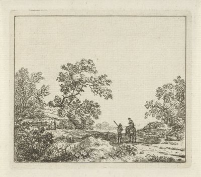 Landschap met man te voet en vrouw te paard door Hermanus Fock