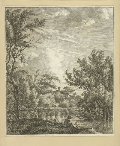 Landschap met vrouw aan waterkant door Hermanus Fock