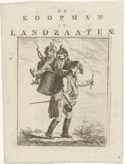 Liedblad en spotprent met soldaten Spotprent op Willem V De koopman in Landzaaten (titel op object) door Hermanus Fock