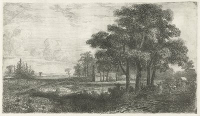 Boomrijk landschap met huifkar door Hermanus Jan Hendrik van Rijkelijkhuysen