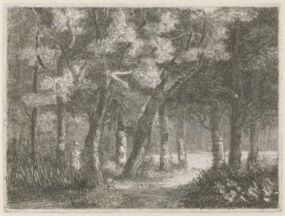 Jager en zijn hond in het bos door Hermanus Jan Hendrik van Rijkelijkhuysen