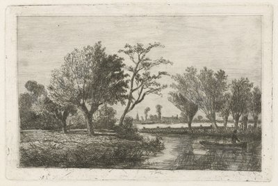 Rivier met een hengelaar in een boot door Hermanus Jan Hendrik van Rijkelijkhuysen