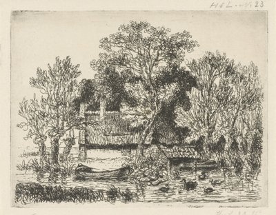 Riviergezicht met een schuit en eenden door Hermanus Jan Hendrik van Rijkelijkhuysen