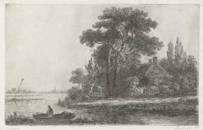 Rivierlandschap met baken door Hermanus Jan Hendrik van Rijkelijkhuysen