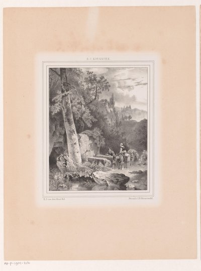 Landschap met man, vrouw en twee ezels bij een bron door Hermanus Johannes van den Hout