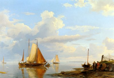 Figuren die aan land komen bij windstilte / Scheepvaart bij windstilte door Hermanus Koekkoek