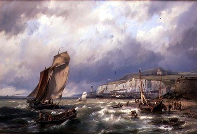 Zeilvaartuigen en een Kanaalveerboot bij Folkstone door Hermanus Koekkoek