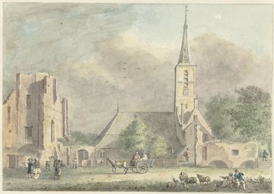 Kerk en ruïne van de abdij te Rijnsburg door Hermanus Petrus Schouten
