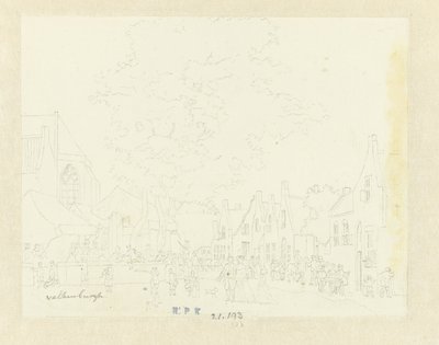 Markt in het dorp Valkenburg door Hermanus Petrus Schouten
