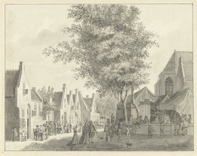 Markt in het dorp Valkenburg door Hermanus Petrus Schouten