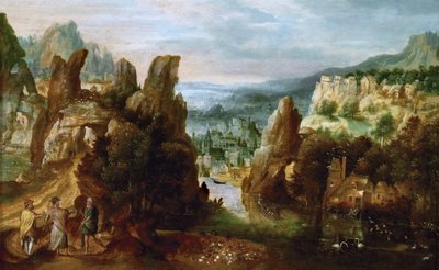 Landschap met de weg naar Emmaüs door Herri met de (c.1510 p.1550) Bles