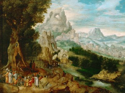 Landschap met Sint Jan de Doper predikend door Herri met de (c.1510 p.1550) Bles
