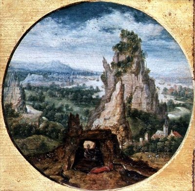 St. Hiëronymus in boetedoening in een fantastische landschap door Herri met de (c.1510 p.1550) Bles